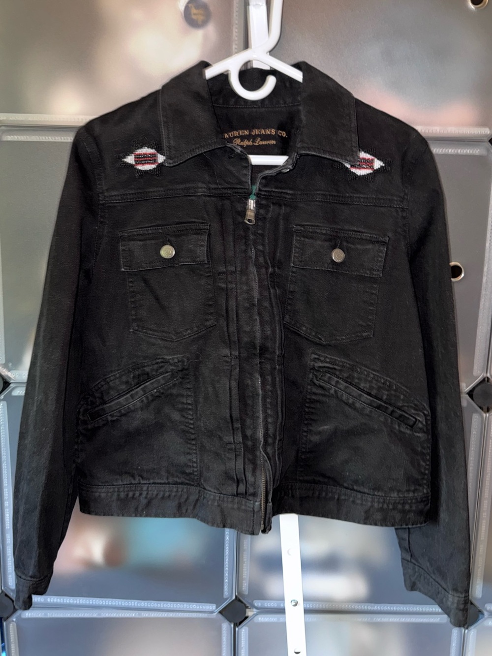 Lauren Ralph Lauren Denim Jacket Black Southwestern Beaded Zip Women’s XL